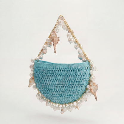 Mini Raffia Shell Bag - Riviera Blëu