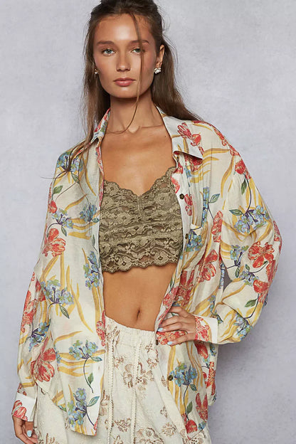 POL Floral Print Button Down Long Sleeve Shirt