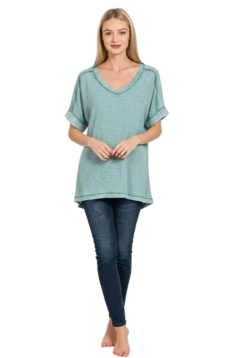 Zenana Acid Washed Double Gauze V-Neck Tee