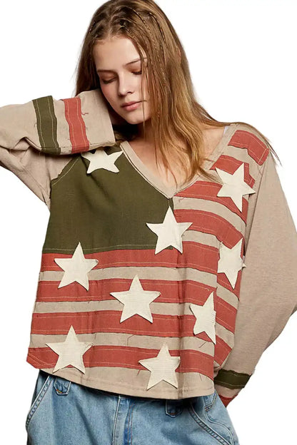 POL Double Gauze American Flag Patch V-Neck Long Sleeve T-Shirt