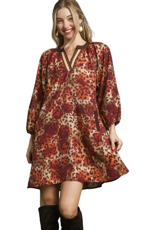 Umgee Animal Print Boho Tunic Dress with Contrast Trim Detail