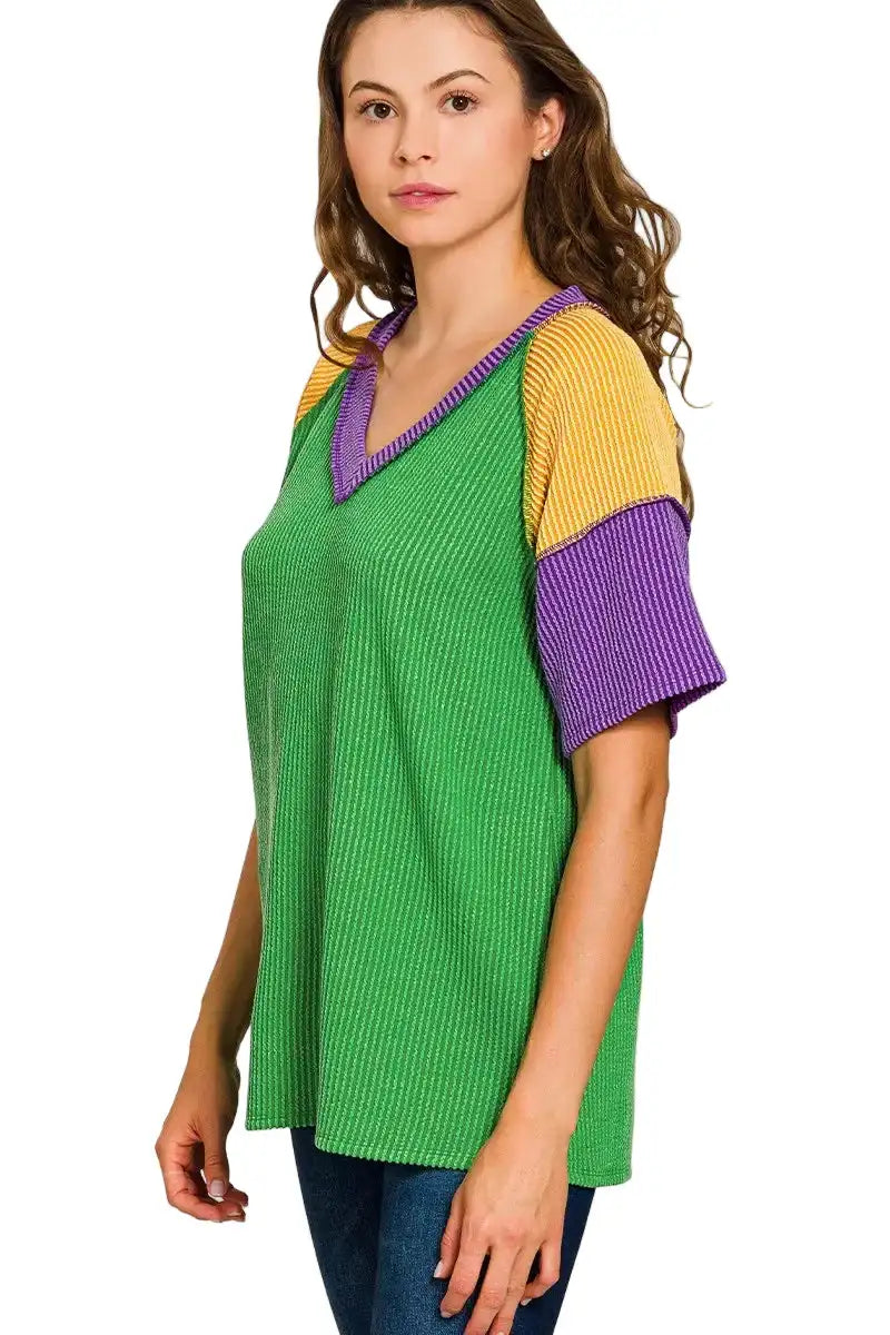 Zenana Mardi Gras Raised Rib Color Block Top