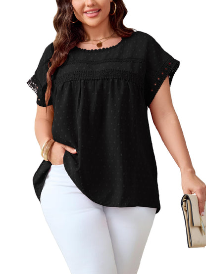 SHESTARR Women's Plus Size Crewneck Lace Crochet Short Sleeve Top Black XL Plus