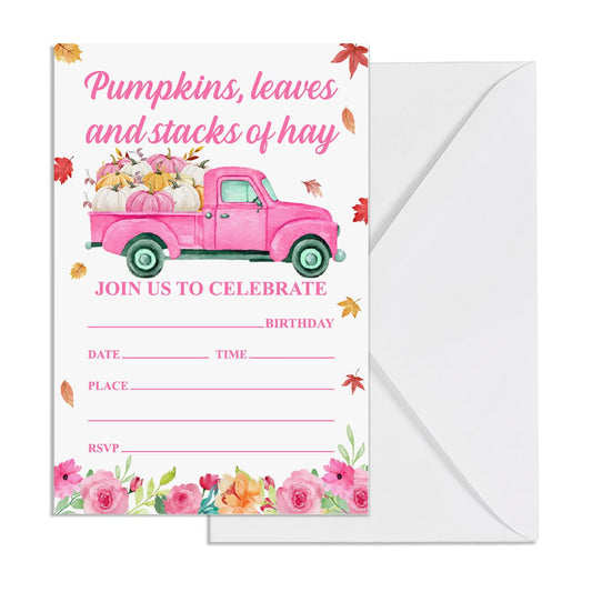 YGRBXJZD Fall Pumpkin Birthday Invitation Girl Pink Floral 4x6 20 Sets