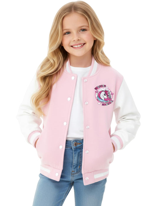 PATPAT Girls Varsity Baseball Jacket Light Pink Unicorn Coat Size 9-10 Years