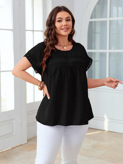 SHESTARR Women's Plus Size Crewneck Lace Crochet Short Sleeve Top Black XL Plus