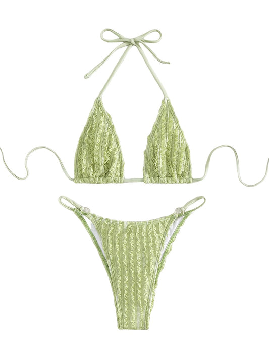 GORGLITTER Women's Lace Bikini Set Halter Triangle Thong Green Frill Size XL