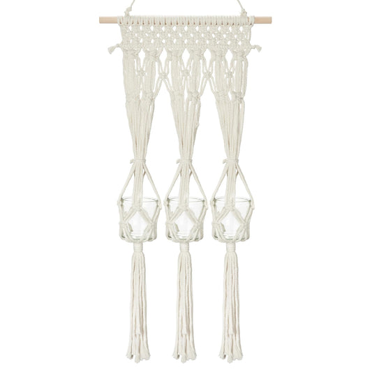 Briful Macrame Wall Hanging Shelf Cream-White with 3 Glass Vases Boho Decor