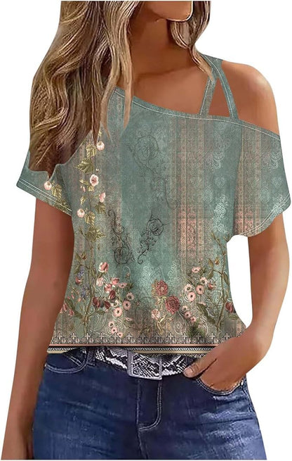 Decsth Womens Floral Boho One Shoulder Short Sleeve Shirt Green XL