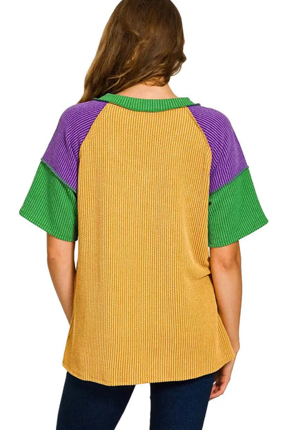 Zenana Mardi Gras Raised Rib Color Block Top