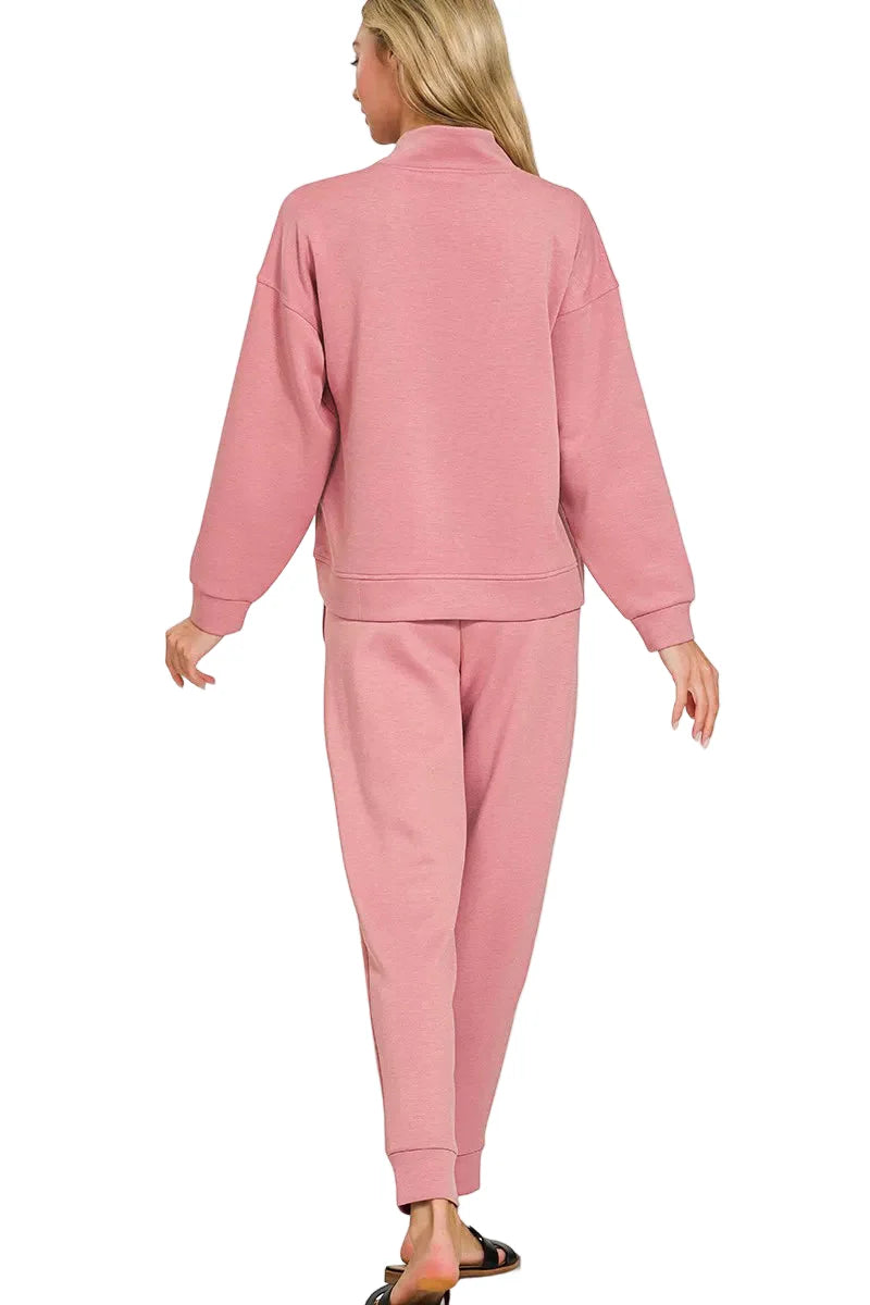 Zenana Scuba Half Zip Pullover and Jogger Set