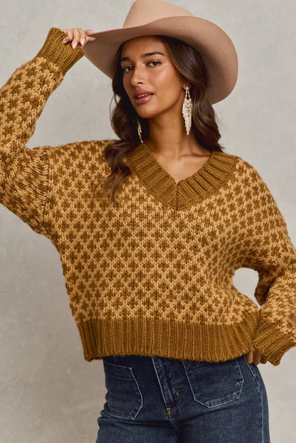 SO ME Color Block Textured Christmas Sweater V Neck Top
