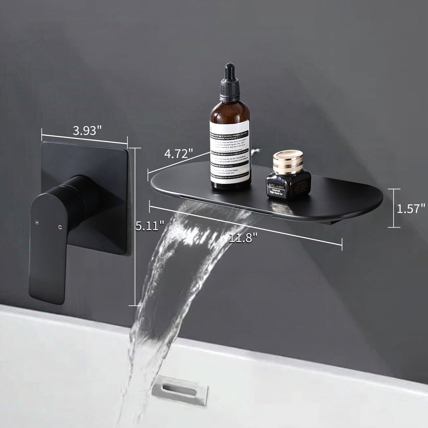 Modern Matte Black Wall Mount Bathroom Sink Faucet with Waterfall Spout and Brass Rough-in Valve