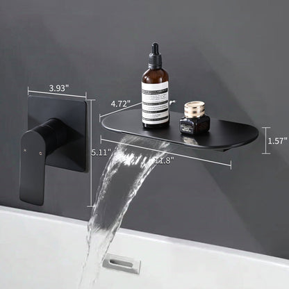 Modern Matte Black Wall Mount Bathroom Sink Faucet with Waterfall Spout and Brass Rough-in Valve