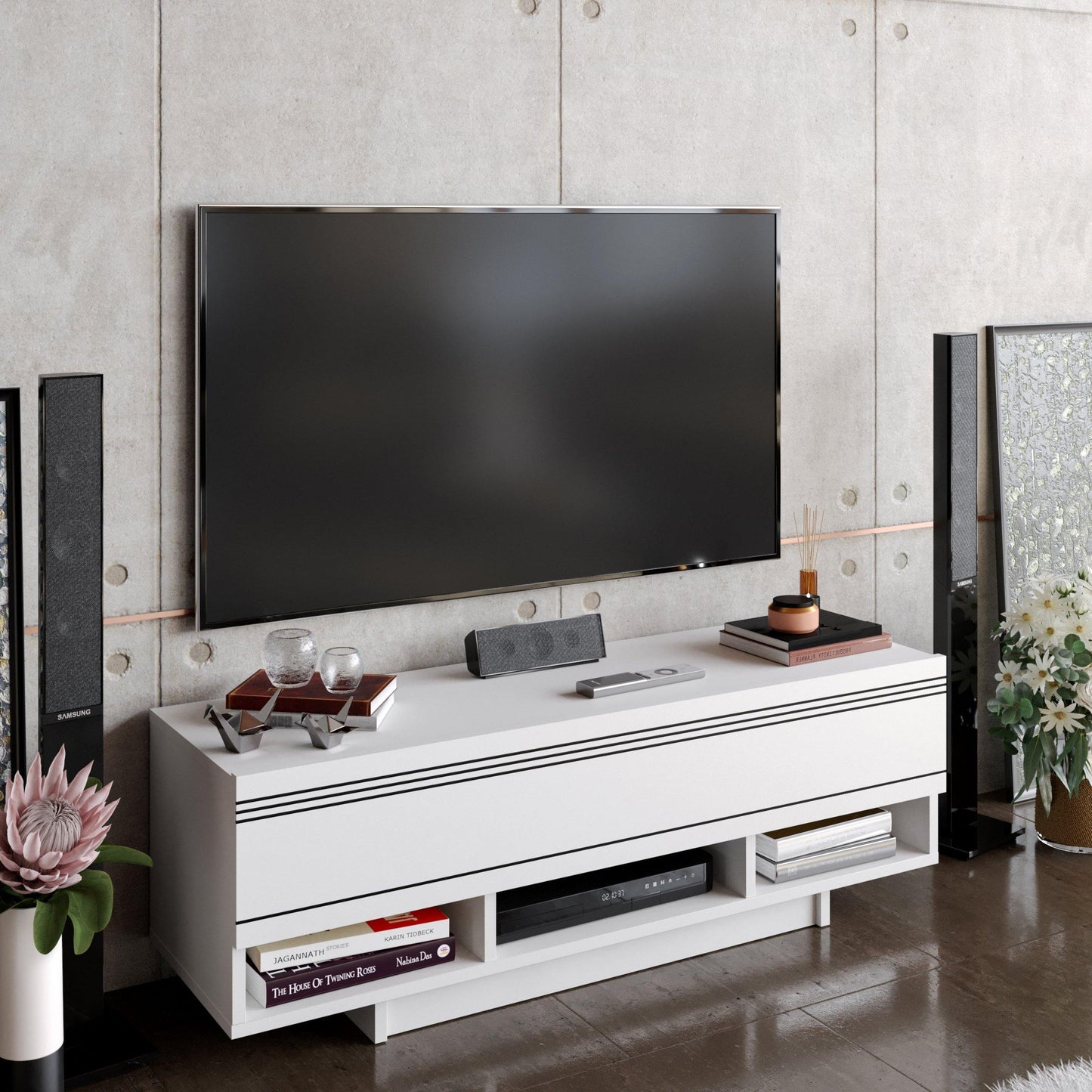 Celestia 47" TV Stand and Media Console with Cabinets and Open Shelves