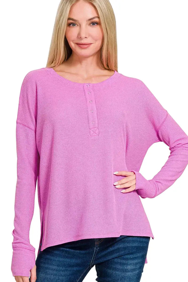 Zenana Waffle Thumb Hole Cuffs Henley Tee