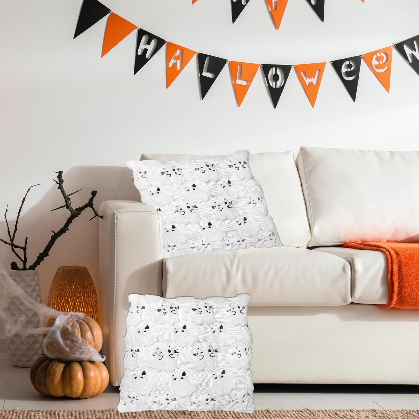 RBQXNW Halloween Pillow Covers 18x18 White Cat Ghost Set of 2 Plush