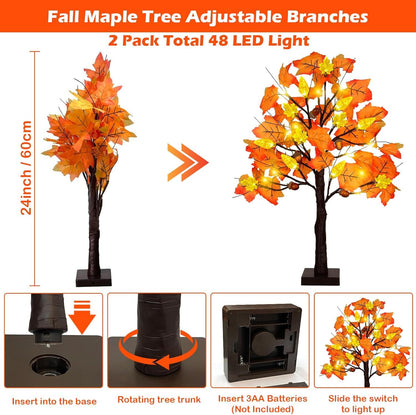 SURCVIO 2 Pack 24in Prelit Fall Maple Tree Decorations 48 LEDs Timer Battery