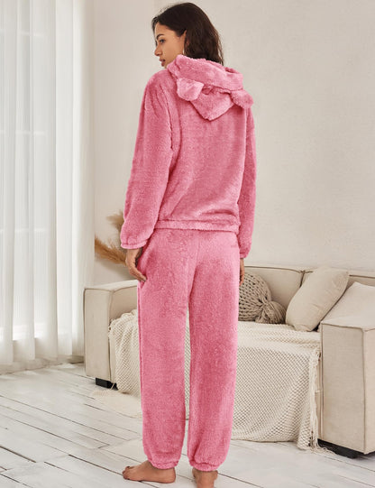 Flygo Women's Fluffy Fleece Pajama Set Pullover Hoodie & Pants Pink Size L