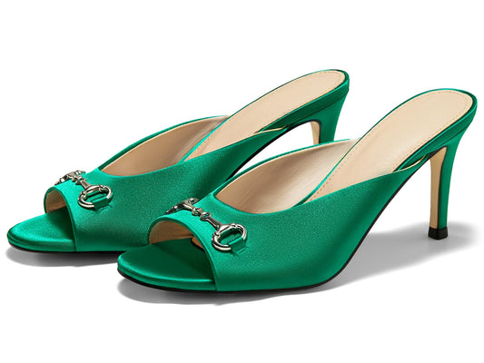 Coutgo Womens Slide Sandals Peep Toe Heeled Mules Metal Chain Green Size 8.5