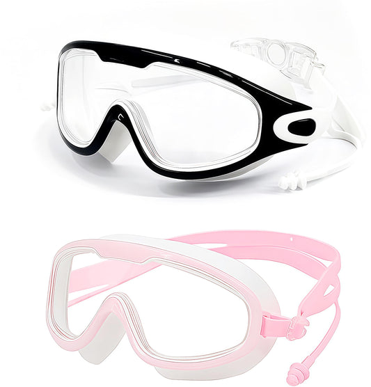 DCRWVCTON Adult Swim Goggles 2 Pack Anti-Fog Leak-Proof Clear with Ear Plugs