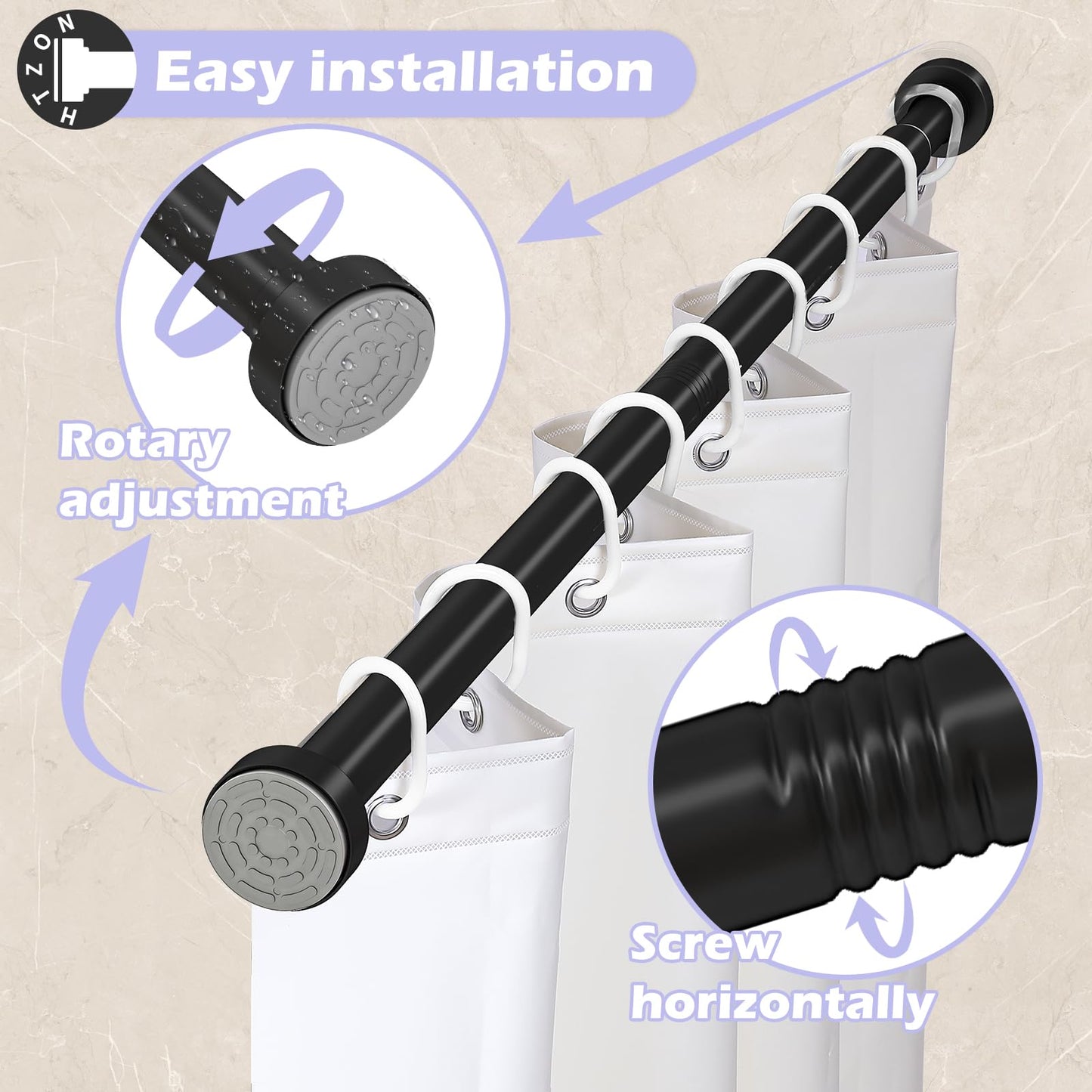 HTZON Adjustable Tension Shower Curtain Rod 34-43in Black Heavy Duty Iron