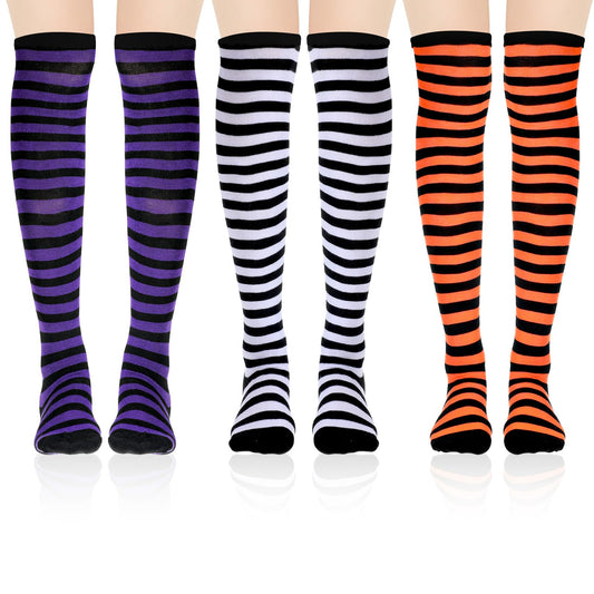 Tweruna 3 Pair Women's Knee High Striped Socks Orange Black Purple