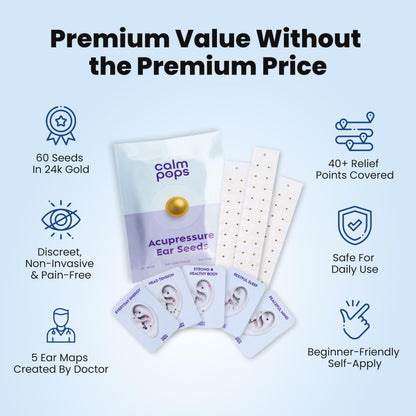 CalmPops Acupressure Ear Seeds Kit 24K Gold Plated 60 Units Immune Digestive