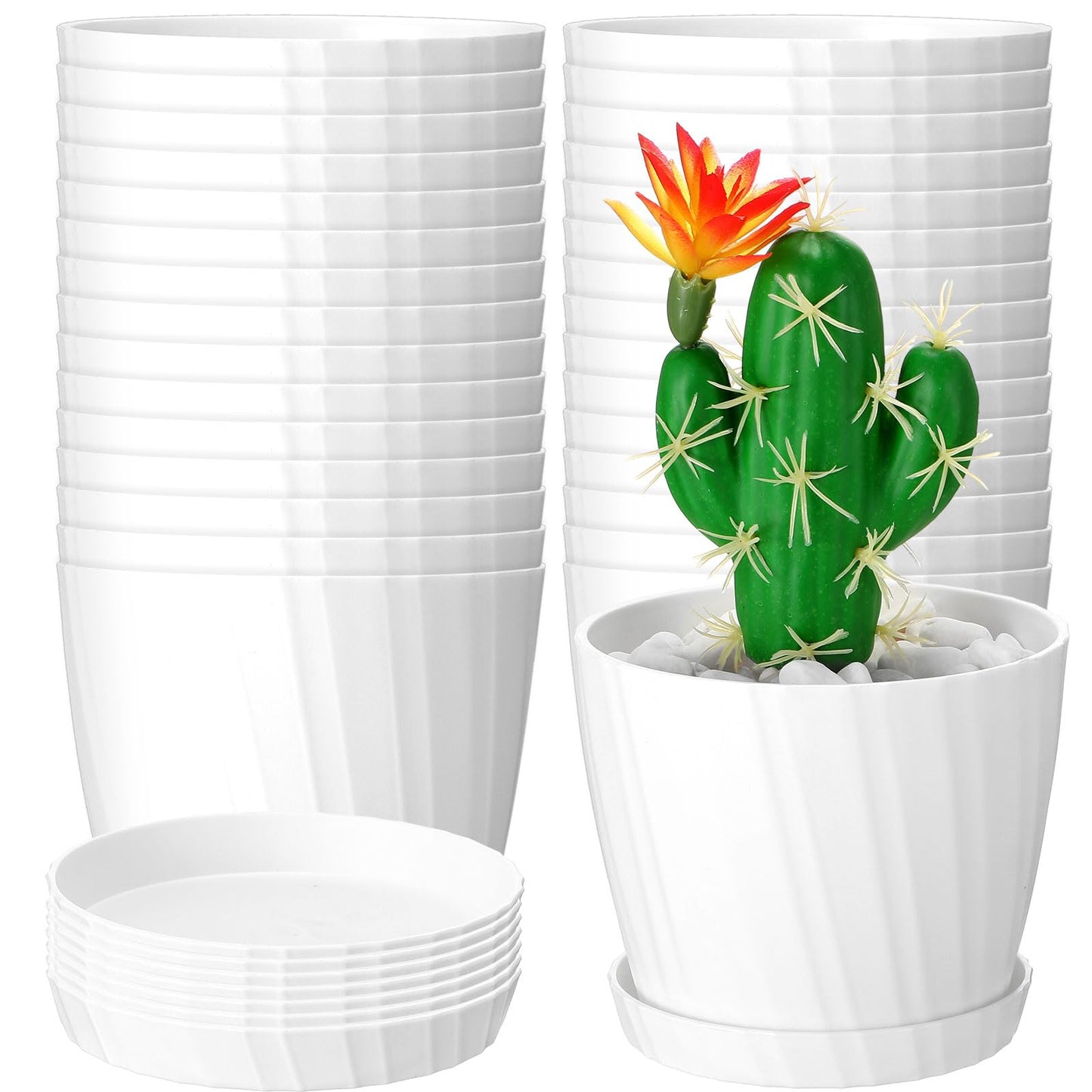 Layhit 30 Pcs 4.5 Inch White Plastic Plant Pots with Drainage Holes & Saucers