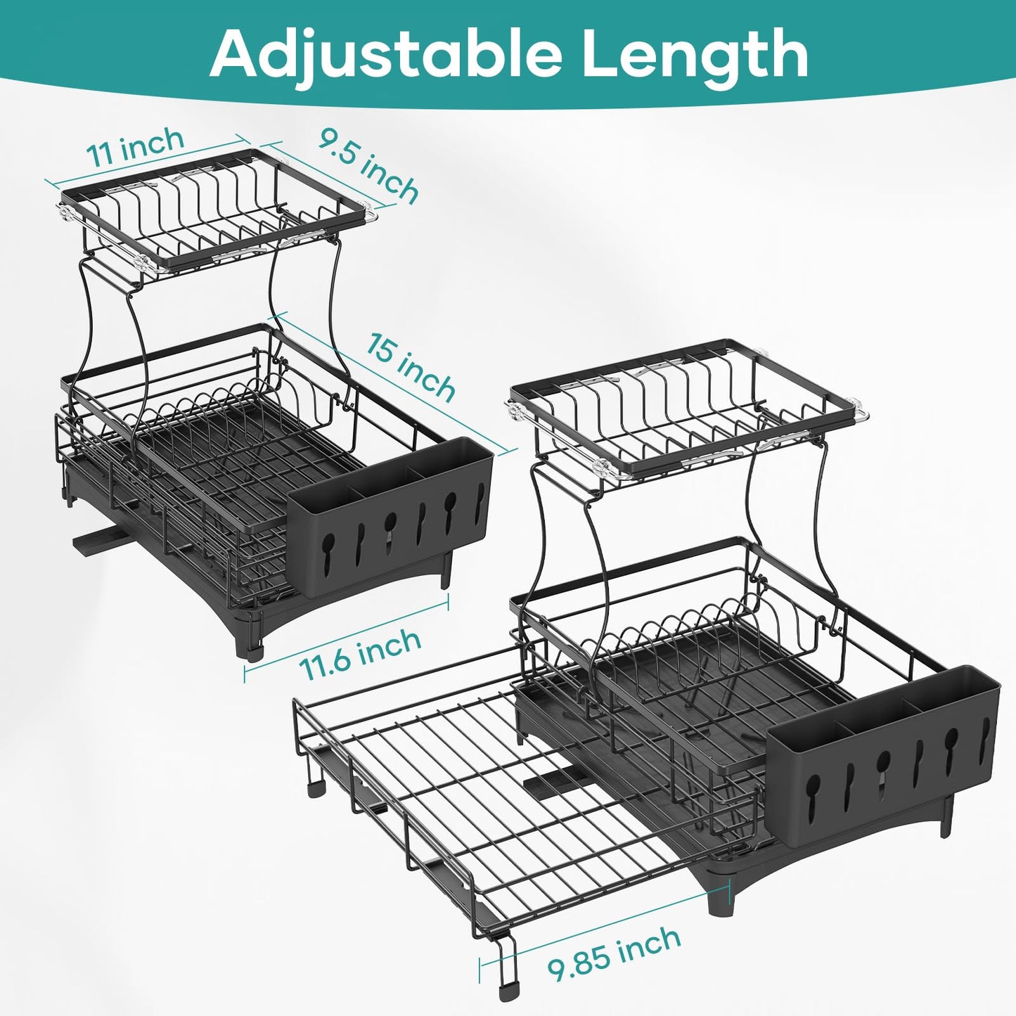 Gtyasm Extendable 2Tier Dish Drying Rack Drainboard & Cutlery Holder Black Large