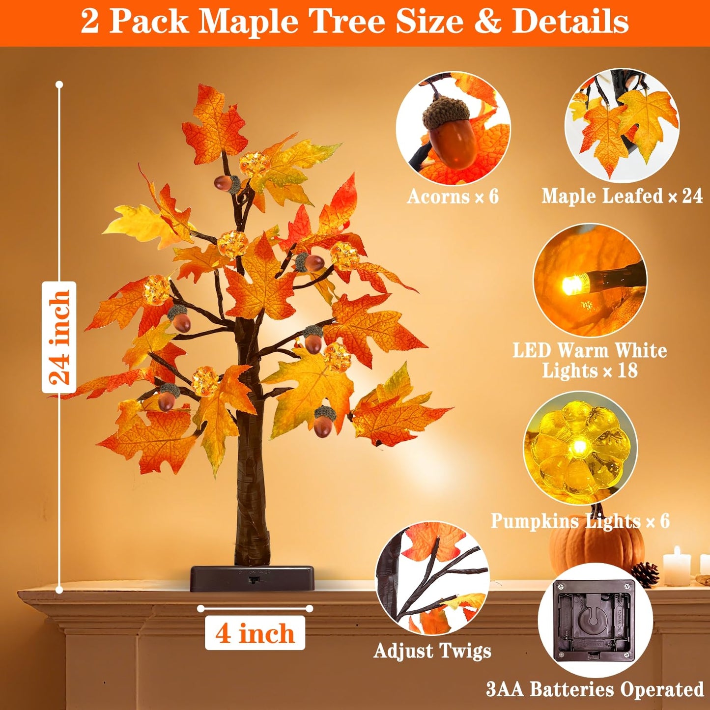 TURNMEON 2Pack 24in Prelit Fall Maple Tree Lights48 LED Timer Battery Orange Red