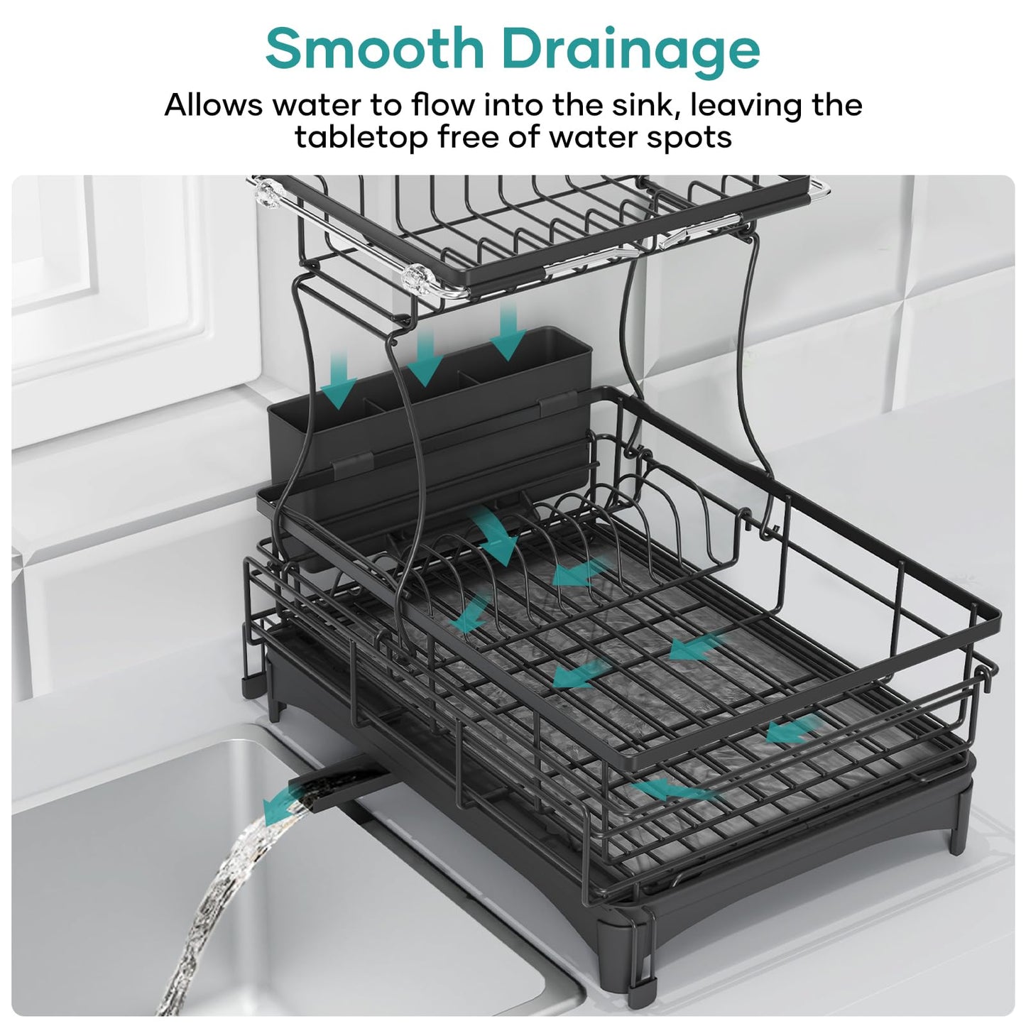 Gtyasm Extendable 2Tier Dish Drying Rack Drainboard & Cutlery Holder Black Large