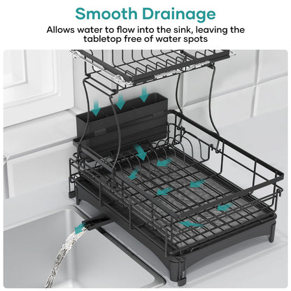 Gtyasm Extendable 2Tier Dish Drying Rack Drainboard & Cutlery Holder Black Large