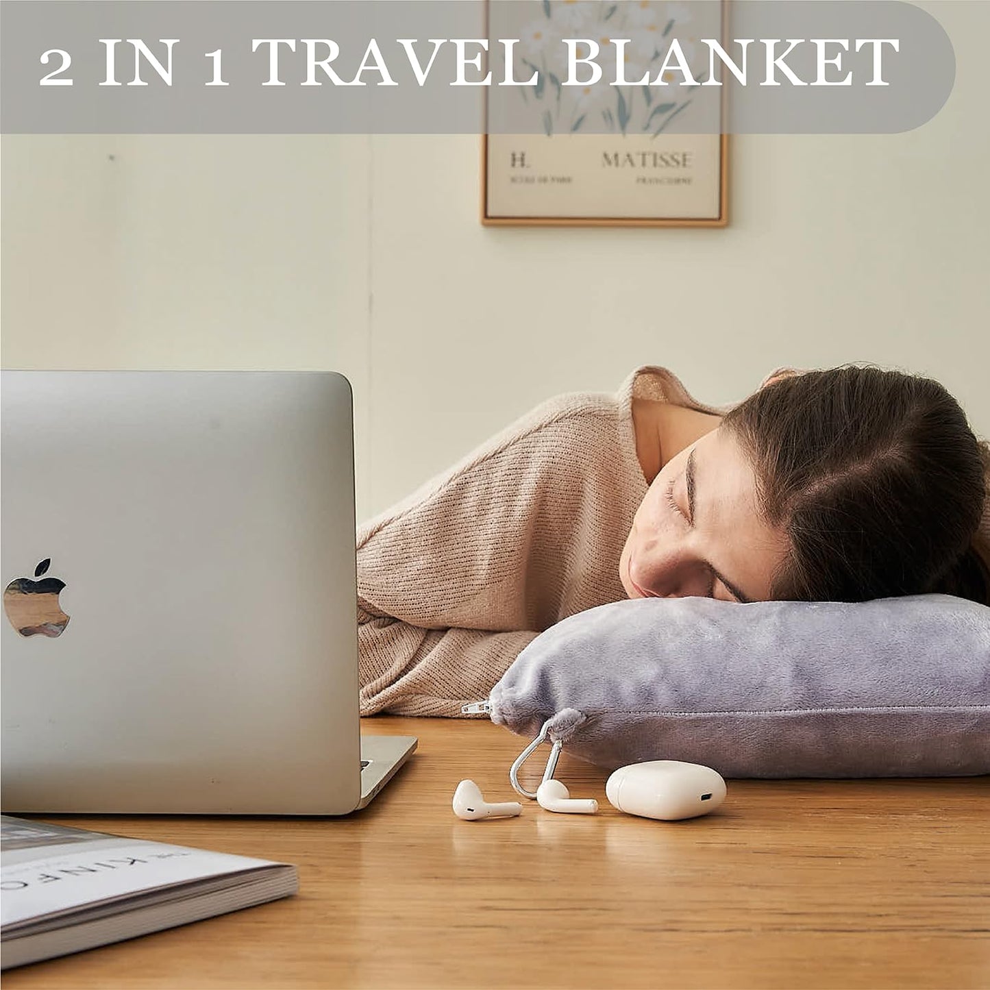 Commollis 2-in-1 Travel Blanket & Pillow Lightgray Compact Warm All-Season
