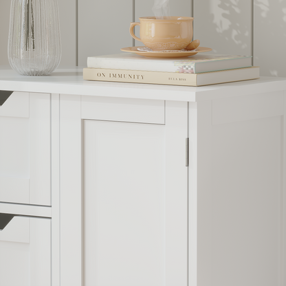 Bathroom Storage Cabinet with 4 Drawers and 1 Door, Freestanding Wooden Floor Organizer for Bathroom, Narrow Storage Cabinet for Small Spaces, Entryway, Living Room or Hallway, White