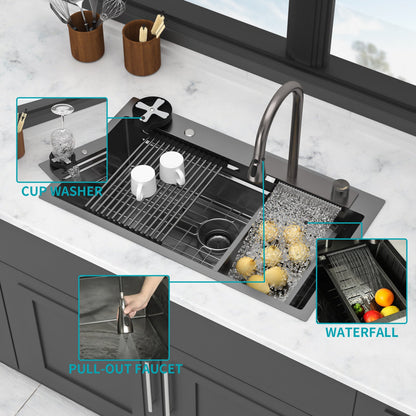33" Gunmetal Black Kitchen Sink – 16G T304 Stainless Steel | Waterfall Faucet, Workstation Ledge, Top Mount