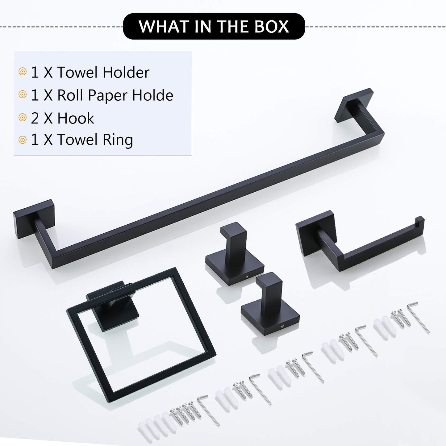 5-Piece Bathroom Hardware Accessories Set | Towel Bar, Wall Mounted, Matte Black