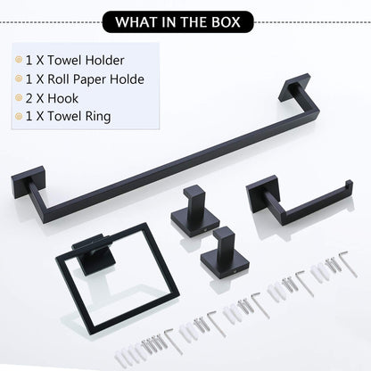 5-Piece Bathroom Hardware Accessories Set | Towel Bar, Wall Mounted, Matte Black