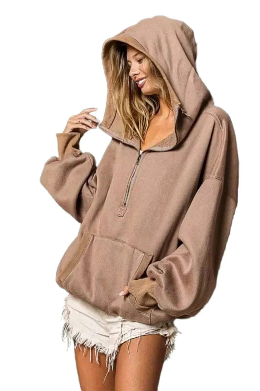 BiBi Stitch Detailed Elastic Hem Half Zip Fleece Hoodie