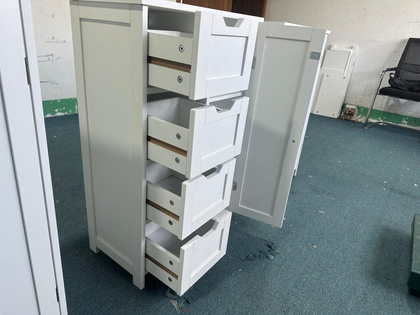 Bathroom Storage Cabinet with 4 Drawers and 1 Door, Freestanding Wooden Floor Organizer for Bathroom, Narrow Storage Cabinet for Small Spaces, Entryway, Living Room or Hallway, White
