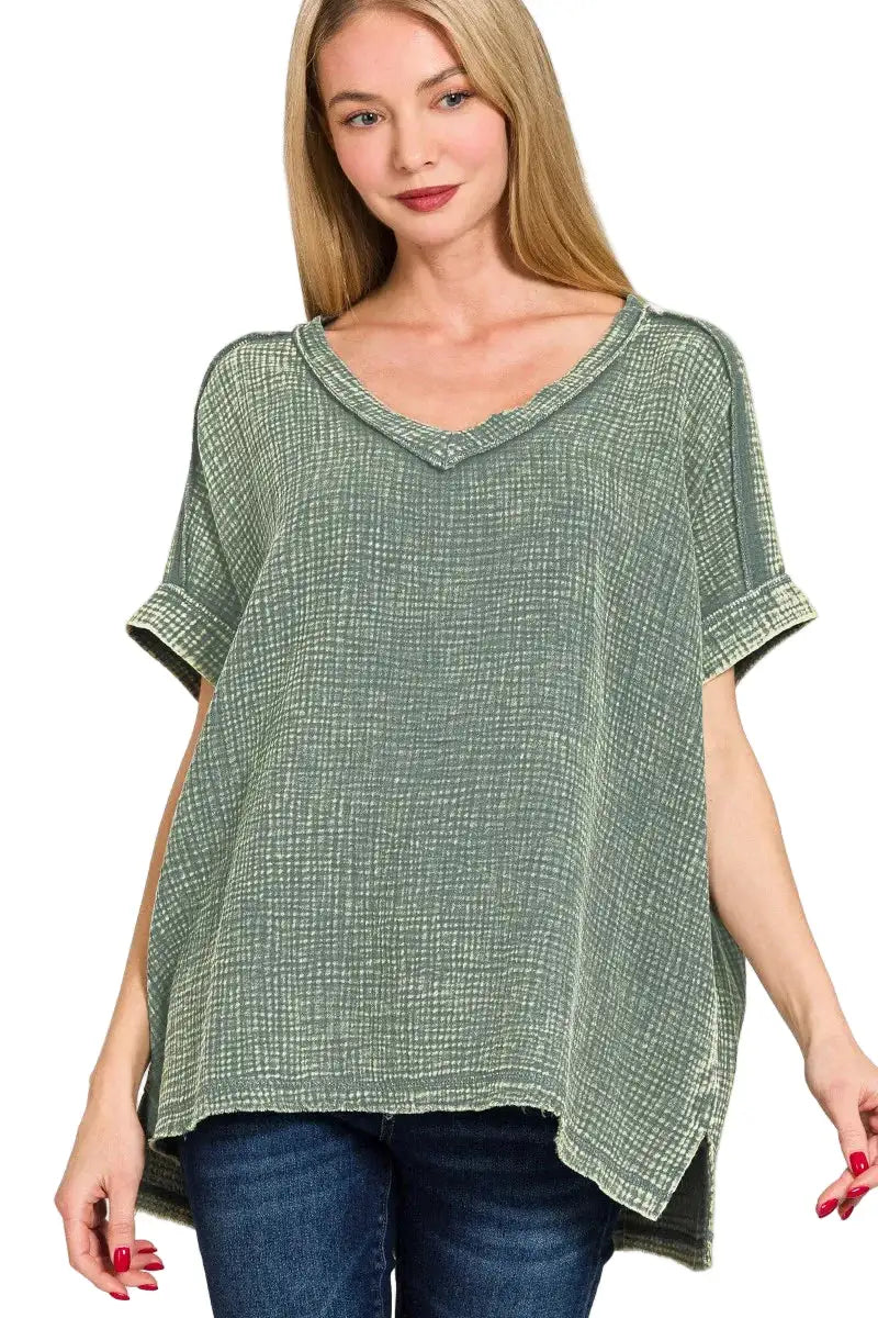 Zenana Acid Washed Double Gauze V-Neck Tee
