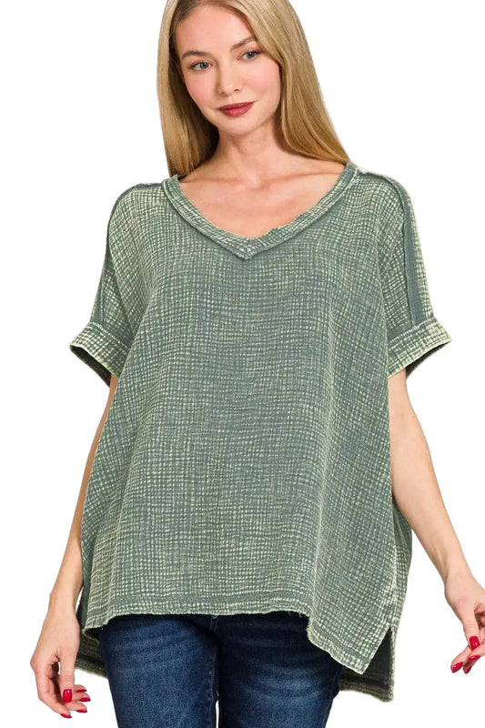 Zenana Acid Washed Double Gauze V-Neck Tee