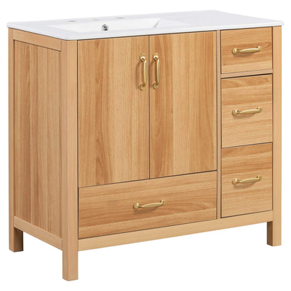 36" Acacia Wood Bathroom Vanity with Sink – Solid Wood Frame, 2 Soft-Close Doors, 4 Soft-Close Drawers & Ceramic Basin