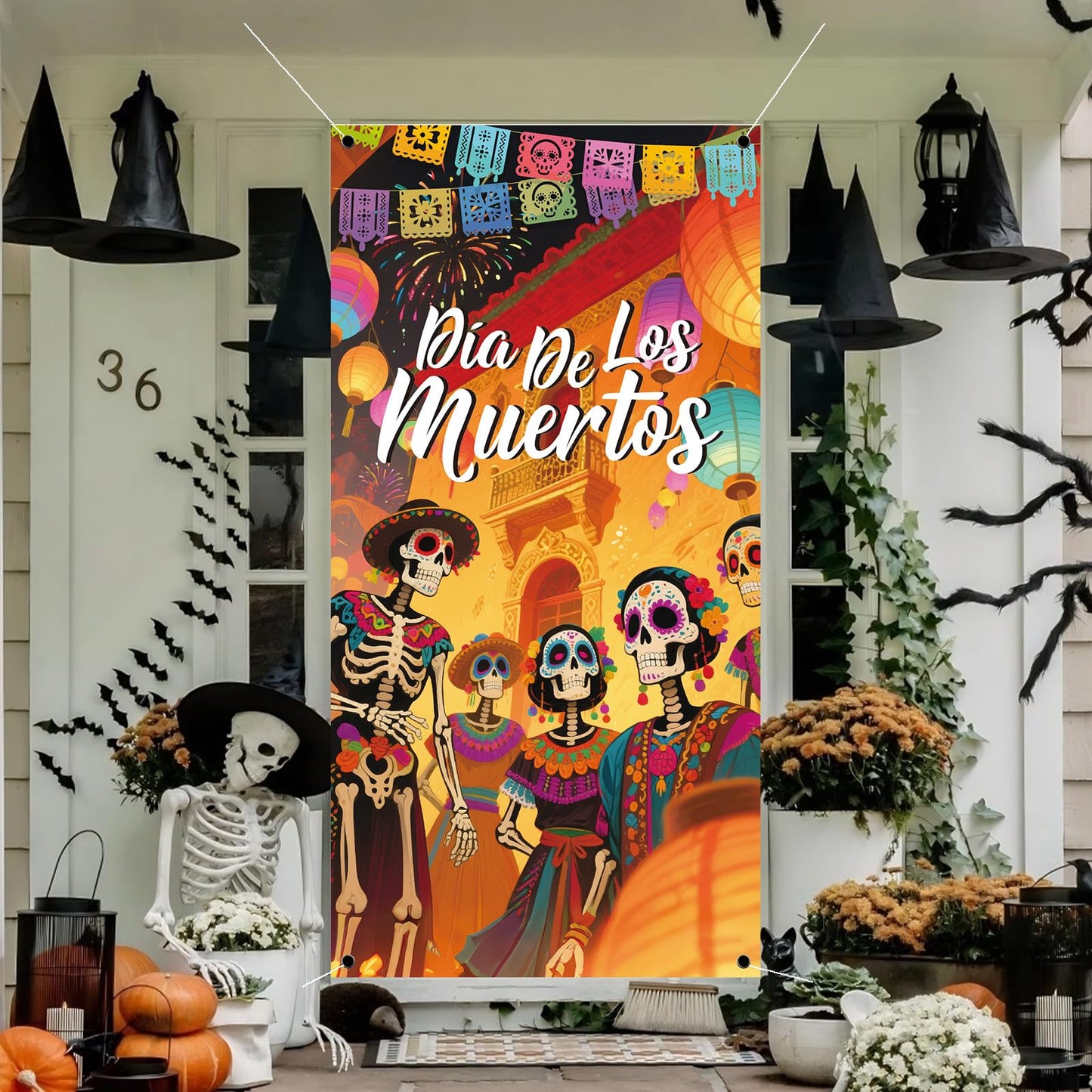 Day of The Dead Door Cover Sugar Skull Flowers Multi-colored 03