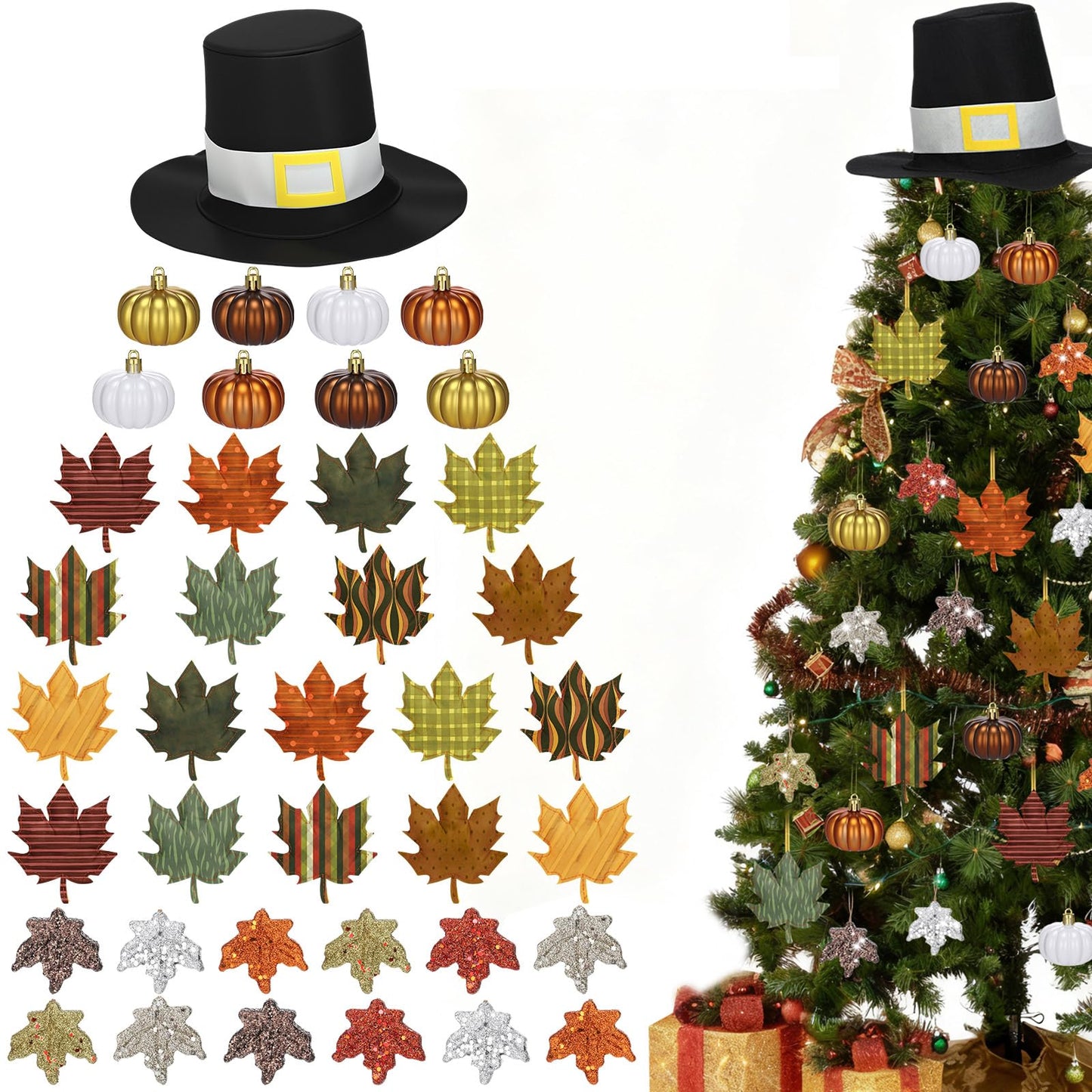 Soulchen 39 Pc Fall Thanksgiving Tree Ornaments Set Orange Brown Gold