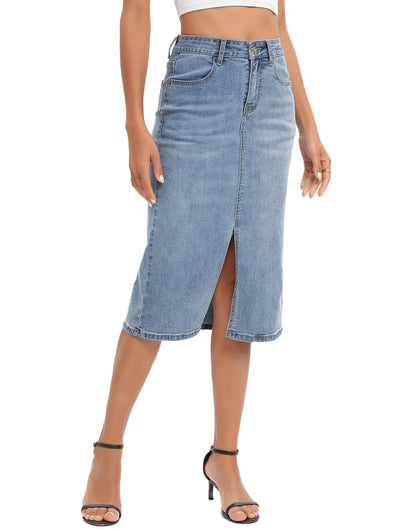 ETTELO Midi Denim Skirt High Waisted Slit Casual Stretch Deep Blue Size XX-Large