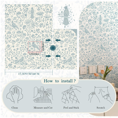 HELLKIT Peel Stick Wallpaper Blue Beige Bird 17.3x78.8in Vinyl Roll