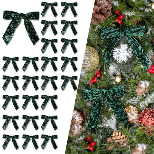 LaRibbons 24 Pcs Green Crinkled Velvet Bows 3.94x3.94in Vintage Style