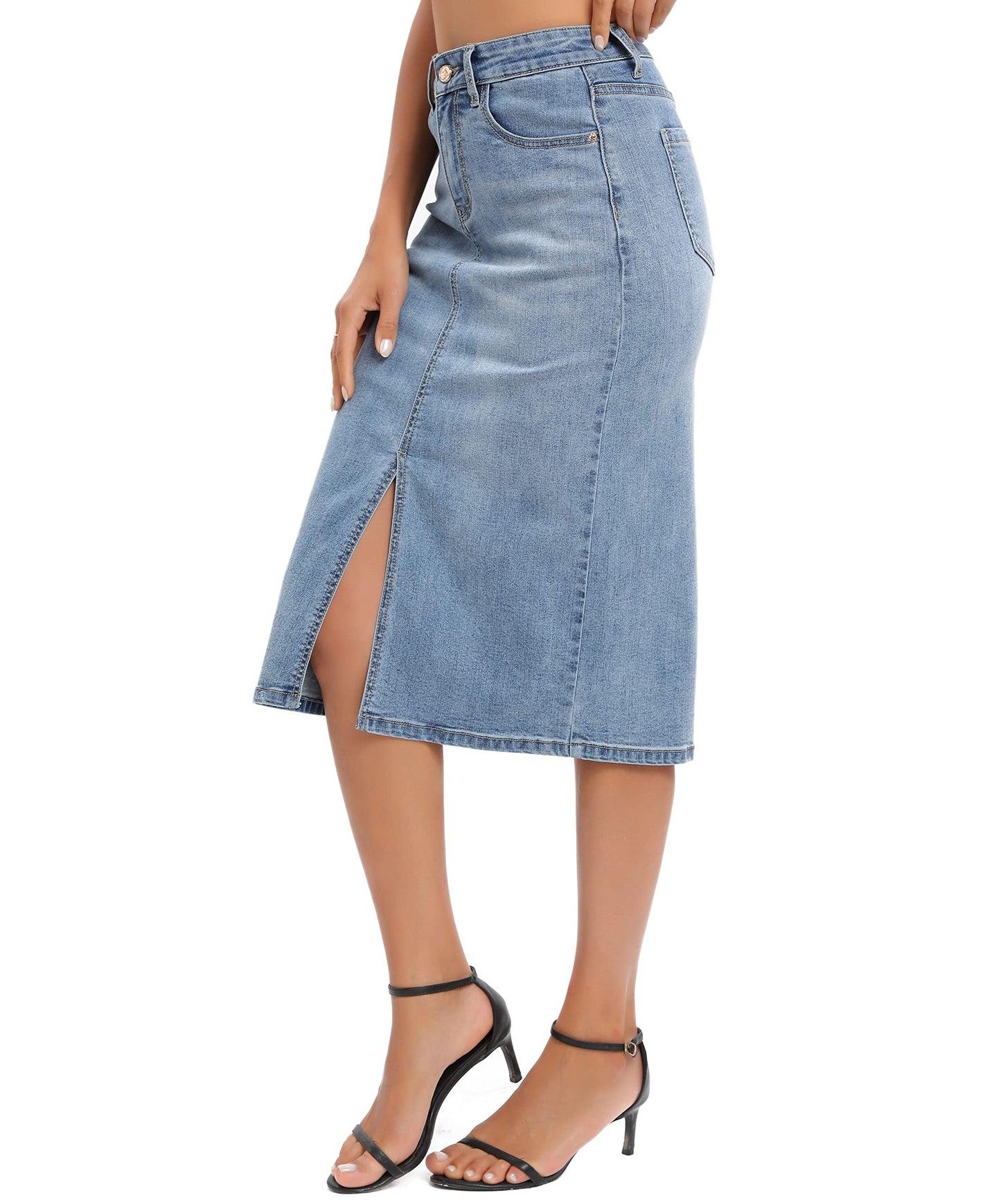 ETTELO Midi Denim Skirt High Waisted Slit Casual Stretch Deep Blue Size XX-Large
