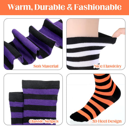 Tweruna 3 Pair Women's Knee High Striped Socks Orange Black Purple